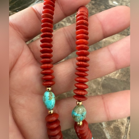 Coral and Kingman Turquoise Beaded Necklace - Picture 5 of 8